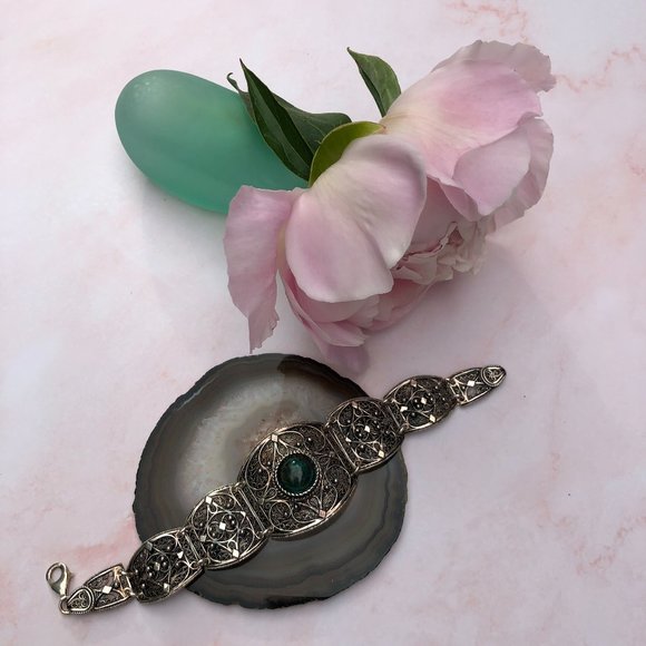 .925 Sterling Silver Eilat Round Stone Filigree Graduated 7 Sections Bracelet - Picture 2 of 4